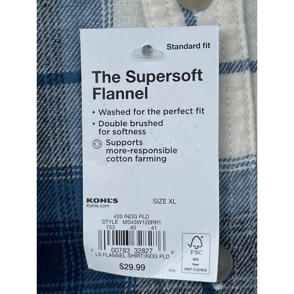Sonoma Mens Blue & white Plaid Supersoft Flannel Shirt XL Standard Fit Cotton - Picture 5 of 7